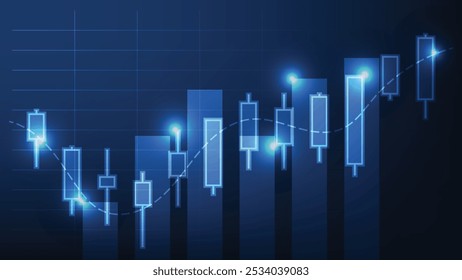 finance and business investment . stock market candlesticks and bar chart on blue background