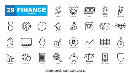 Finance and business line icons collection. Thin outline icons pack. Contains such Icons as Gainers and Losers, Portfolio Analysis, Financial Report and more.