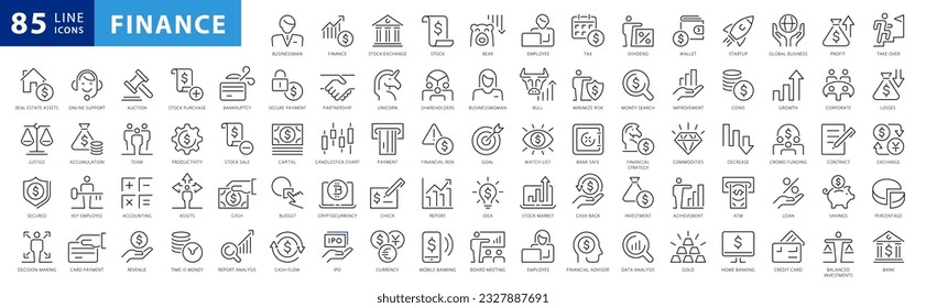 Finance and business line icons collection. Big UI icon set in a flat design. Thin outline icons pack. Vector illustration EPS10