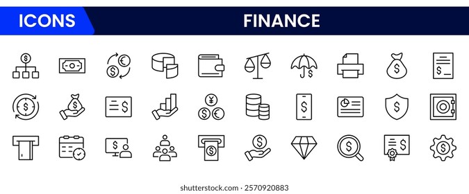 Finance and business line icons collection. Big UI icon set in a flat design. Thin outline icons pack. 