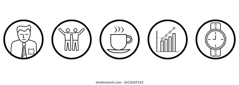 Finance and business line icons collection. Businessman, collaboration, business analysis, time, watch symbol into outline circle vector illustration.