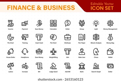 Finance and business line icons collection. Big UI icon set in a flat design. Thin outline icons pack. 