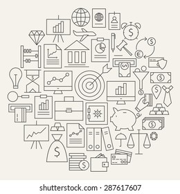 Finance Business Money Line Icons Set Circular Shaped. Vector Illustration of Business and Office Objects. Graph and Infographics. Money and Finance Items.