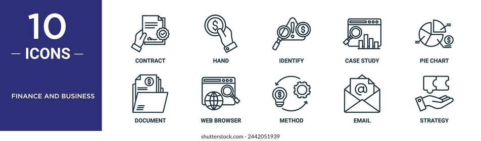 finance and business outline icon set includes thin line contract, hand, identify, case study, pie chart, document, web browser icons for report, presentation, diagram, web design
