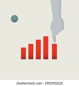 Finance, business recession vector concept with chart and hand pointing to turning point. Symbol of loss, bankruptcy. Eps10 illustration.