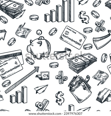 Finance business seamless pattern. Vector hand drawn sketch illustration. Money investment doodle icons on white background. Bank payment and invest design elements