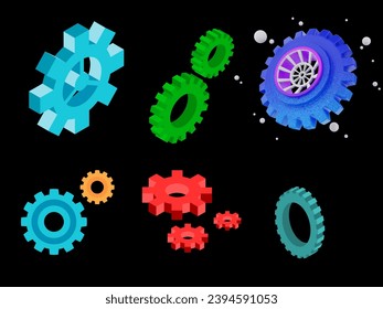 Finance and business set of gears icon with black background.