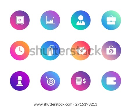 Finance, business, strategy. Vector set of 12 round gradient icons featuring wallet, chart, safe, and briefcase for corporate UI, planning, and productivity design.