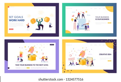 Finance Business Success Character Landing Page Set. Businessman Lift Up Barbell with Coins. Financial Goal Achievement Concept for Website or Web Page. Flat Cartoon Vector Illustration