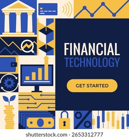 Finance, business and technology geometric background with icons, copy space