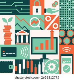 Fondo geométrico de las finanzas, del negocio y de la tecnología con los iconos, modelo inconsútil