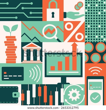 Finance, business and technology geometric background with icons, seamless pattern