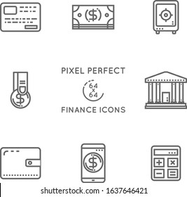 Finance Business Thin Line Vector Icons Set. Card Coin, Dollar Banknotes Stokpile Online Banking Wallet Vault, Bank Building. Business Pixel Perfect 64x64 Icon. Business Finance Vector Illustration