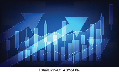 flecha de tendencia ascendente de finanzas y negocios con gráfico de barras y gráfico de candelabros sobre fondo azul