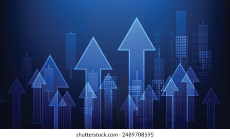 flecha de tendencia ascendente de finanzas y negocios con gráfico de barras y gráfico de candelabros sobre fondo azul