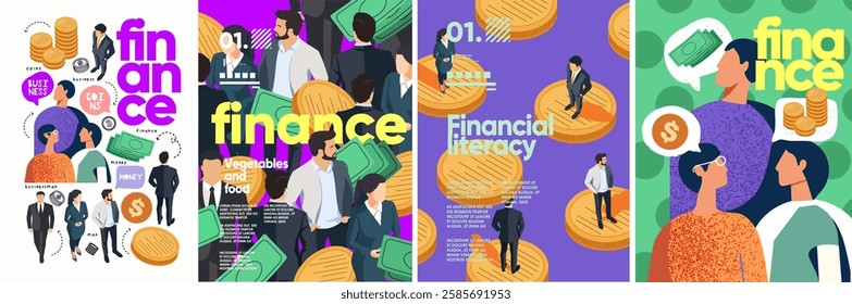 Finance and business. Vector creative abstract illustration of money, coins, financial literacy, people, businessman, man, bank, crypto for background