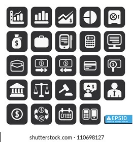 Finance and business vector icon set in black color button frame.