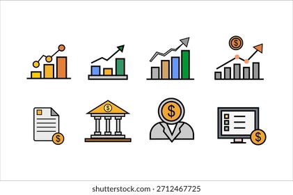 Ilustração do conjunto de ícones de finanças e negócios apresentando gráficos de crescimento análise de investimento bancário estratégia de relatório de lucros seguro de orçamento e conceito de dinheiro digital vetor