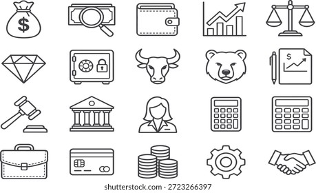 Conjunto de iconos vectoriales de finanzas y negocios, dinero, banca, inversión, economía, contabilidad, corporativo, comercio, herramientas financieras, ilustración de estilo de esquema