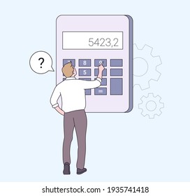 Finance, calculations and economy concept. Male professional with calculator for math operations, budget, analytics, data, income, finance. Flat vector illustration