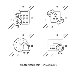 Finance calculator, Alarm bell and Technical algorithm line icons set. Certificate sign. Calculate money, Time, Project doc. Verified document. Business set. Vector