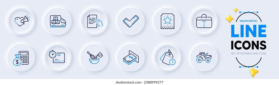 Finance calculator, Atm money and Delivery truck line icons for web app. Pack of Love message, Time management, Handbag pictogram icons. Loyalty ticket, Hold document, Cooking whisk signs. Vector