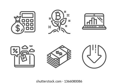 Finance calculator, Bitcoin project and Graph laptop icons simple set. Travel loan, Usd currency and Download arrow signs. Calculate money, Cryptocurrency startup. Finance set. Vector