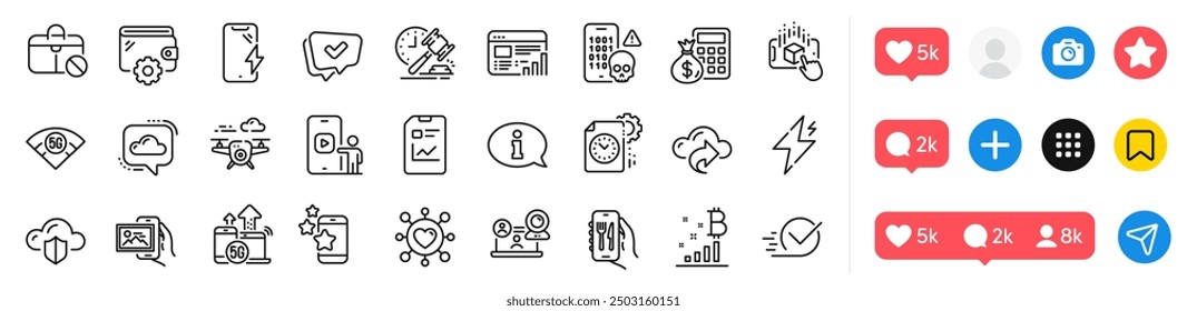 Finance Calculator, Cloud Share und Augmented Reality Line Icons Pack. Symbole sozialer Medien. Auktionshammer, Webbericht, Checkbox-Websymbol. Beste App, 5g Internet, Cloud-Schutz Piktogramm. Vektorgrafik