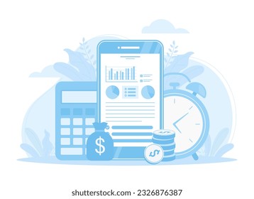 Finance with calculator, coin and data analyst trending concept flat illustration