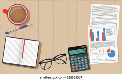 Finance Calculator Desk Table Workspace Top View Managment Material Design Vector Illustration