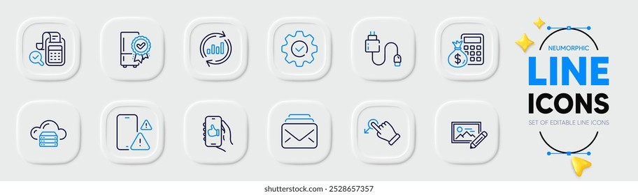 Calculadora financiera, arrastrar y soltar los iconos de línea de correo para el App de Web. Paquete de cable de carga, Ejecutar, Foto editar iconos de pictogramas. Servidor en la nube, advertencia telefónica, señales de contabilidad de facturas. Como App. Vector