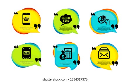 Finance calculator, Quick tips and Smartphone buying icons simple set. Speech bubble with quotes. Ssd, Pie chart and Mail signs. Calculate money, Helpful tricks, Website shopping. Vector