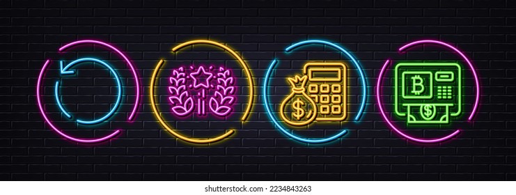 Finance calculator, Ranking and Recovery data minimal line icons. Neon laser 3d lights. Bitcoin atm icons. For web, application, printing. Calculate money, Laurel wreath, Backup info. Vector