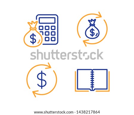 Finance calculator, Usd exchange and Money exchange icons simple set. Book sign. Calculate money, Currency rate, Cash in bag. E-learning course. Business set. Linear finance calculator icon. Vector