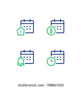 Finance Calendar, Time Period, Monthly Payment, Mortgage Loan Concept, Real Estate, Bell Reminder, Vector Line Icon