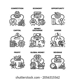 Finance Capital Set Icons Vector Illustrations. Finance Capital And Money Exchange, Global Economy And Profit, Revenue And Opportunity. Leader Target And Competition Black Illustration