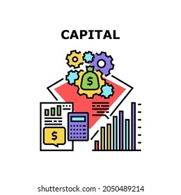 Concepto de icono del vector de capital financiero. Financiar La Planificación Del Capital Y El Proceso De Trabajo Para Ganar Dinero, Contando Los Ingresos Y Los Gastos. Ilustración De Color De La Estrategia De Riqueza Financiera Y Contable