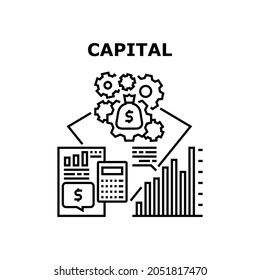 Concepto de icono del vector de capital financiero. Financiar La Planificación Del Capital Y El Proceso De Trabajo Para Ganar Dinero, Contando Los Ingresos Y Los Gastos. Riqueza Financiera Y Estrategia Contable Ilustración Negra