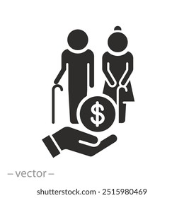 Icono de las personas mayores de la atención financiera, hombre mayor con la mujer, ayuda del dinero, familia de la Asistencia financiera, pensión o ayuda social, Ilustración vectorial plana