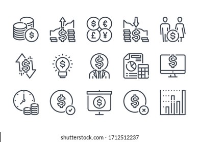 Finance, Cash and Money line icon set. Payment and Dollar outline vector icons. Savings and Family Budget icon collection.