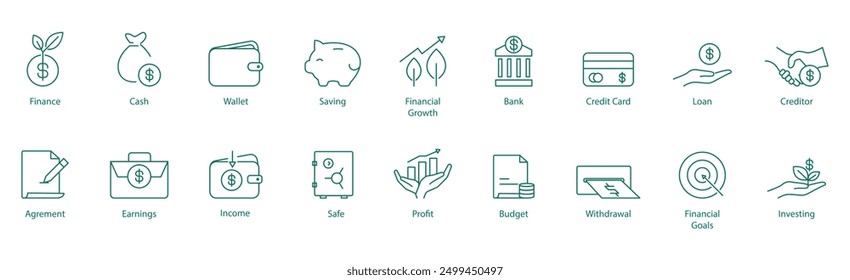 Finance, Cash, Wallet, Savings, Financial Growth, Bank, Agreement, Earnings, Income, Safe, Profit, Budgeting, Credit Card, Loan, Creditor, Withdrawal, Financial Goals, and Investing Vector Icon Set