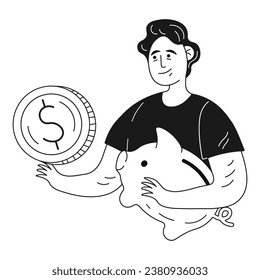 financia a un dibujante de la mano del personaje con un banco de cerdo y una moneda
