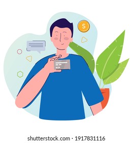 finance character men holding credit card background of dollar coin plant with cartoon flat style vector design illustration