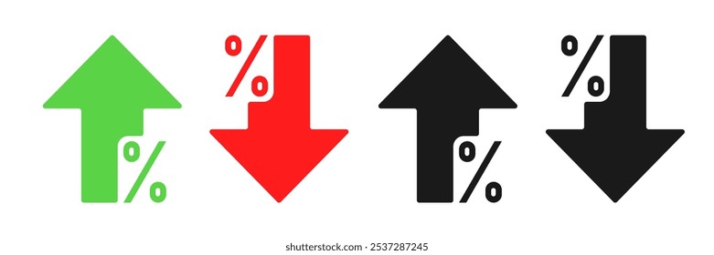 Icono de gráfico de finanzas con flechas que representan las tendencias de inversión, flecha verde hacia arriba para el porcentaje de ganancias y flecha roja hacia abajo para el porcentaje de pérdidas, ilustración de Precio del mercado de valores, símbolo de crecimiento comercial