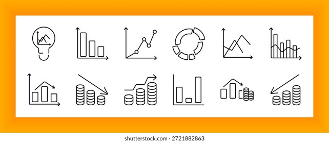 Ícone do conjunto de gráficos financeiros. Gráficos de bulbo, barras, linhas, torta, tendência de moedas empilhadas e visuais de análise financeira com setas indicando crescimento, declínio e variações nos valores de dados.