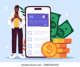 Finance cheklist concept. Man near smartphone with golden coins and banknotes. Saving and investing money. Budget management. Financial literacy. Cartoon flat vector illustration