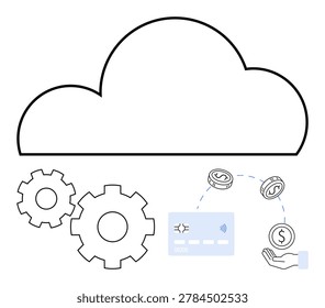 Finance, cloud technology, e-commerce, online transactions, fintech, digital payments. Large cloud silhouette, gears hand money and payment card icons show connectivity. Finance and cloud