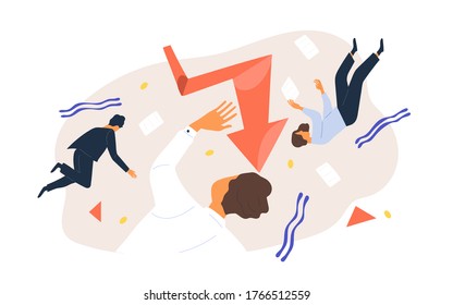 Finance collapse. Team of business people flying surrounded by geometric figure, document and graph vector flat illustration. Colorful man and woman during economic crisis or bankruptcy isolated