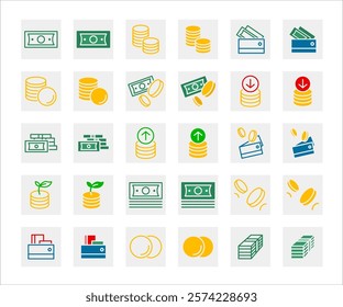 Finance color icon set. Money cash and coins symbols. Dollar and cent sign. Pile of coins and stack of money pictogram. Savings and investment illustration.