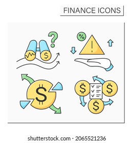 Finance Color Icons Set. Risk Management, Cash Flow Projection, Sales Forecasting And Expenses. Isolated Vector Illustrations